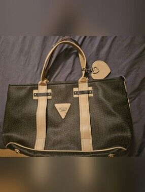 GUESS Black Tote with Beige Trim and Heart Charm